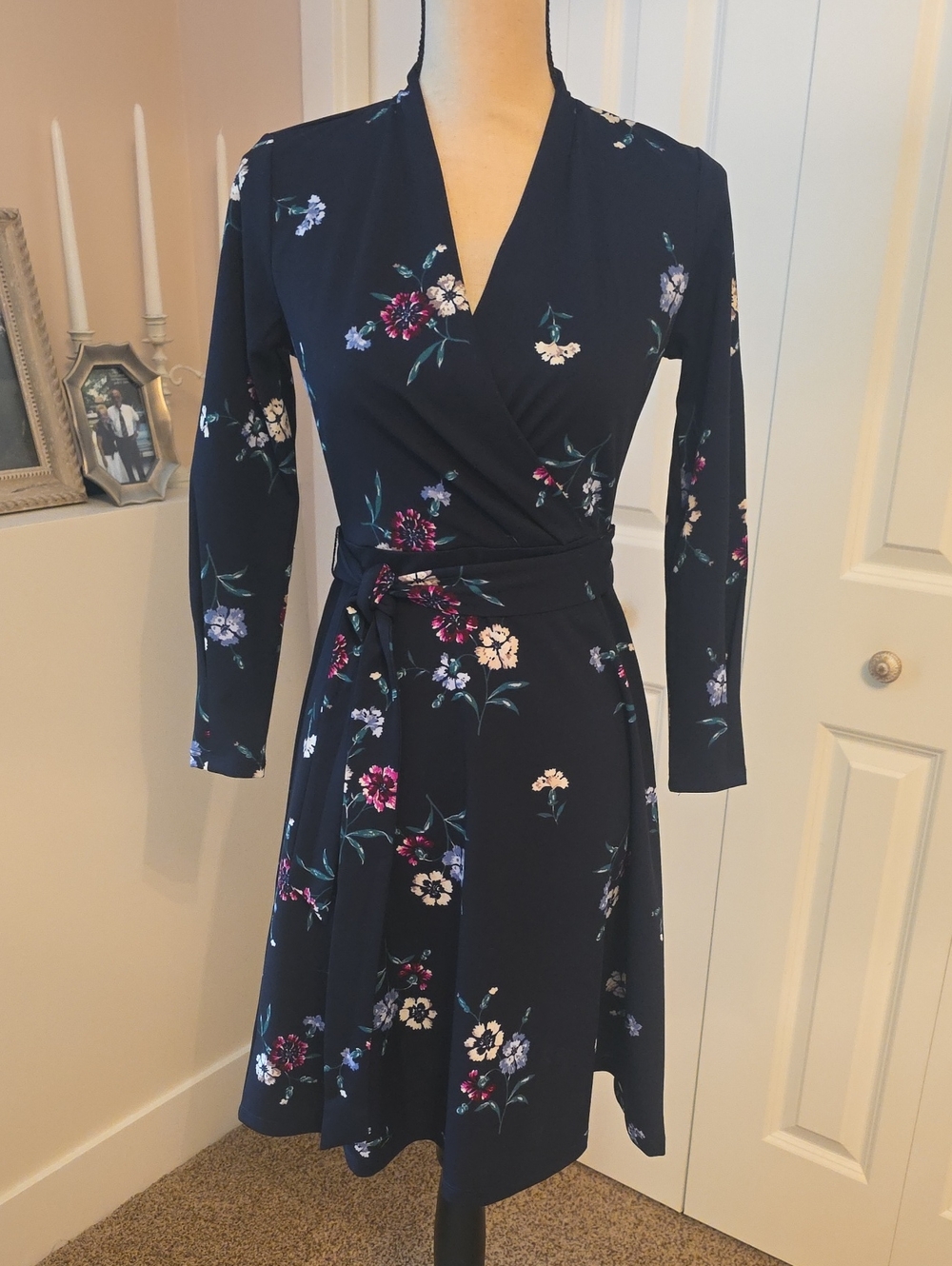 Ann Taylor Navy Floral Wrap Dress with Pink & White Blooms